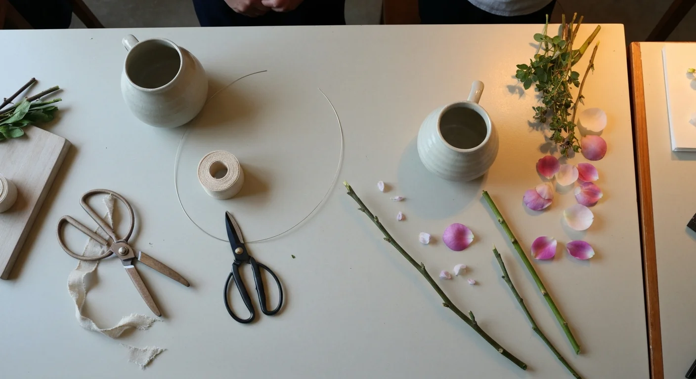 剪定ばさみと花器、色や形の異なる花材が並ぶ制作台