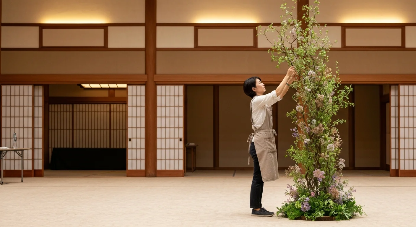 広い室内の天井近くまで枝と花を広げたイベント会場の装花