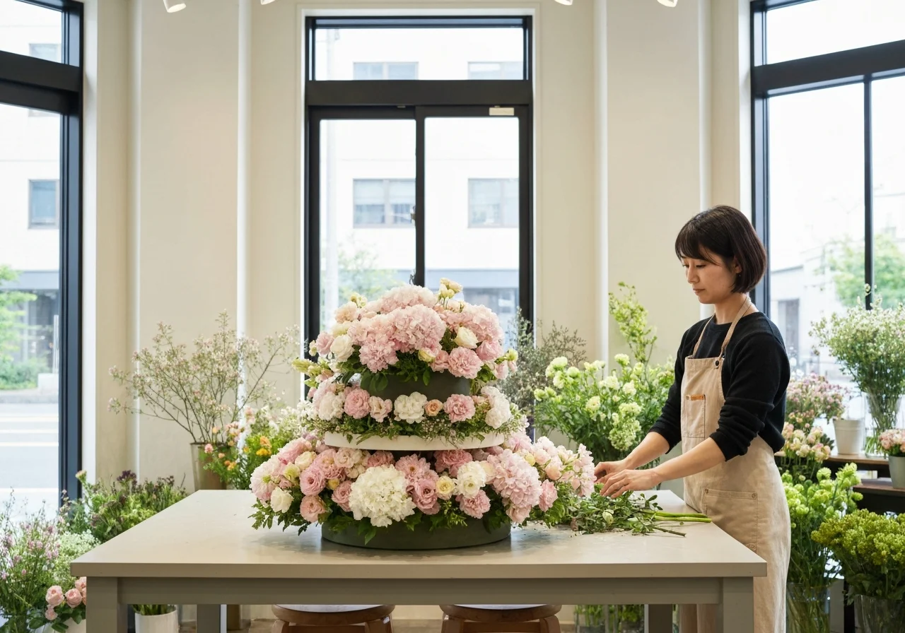 白い壁の前に飾られた大きな枝ものと淡い花の立体的な装花