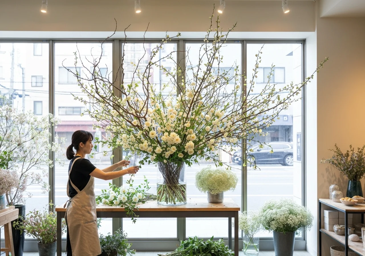 リボンを添えた季節の花束と小さなギフトボックス