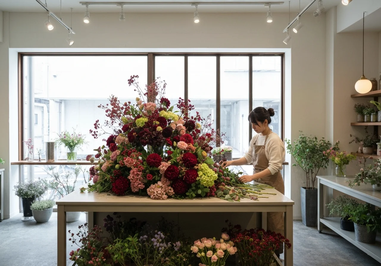 商品撮影用の台に配置された花と植物のディスプレイ