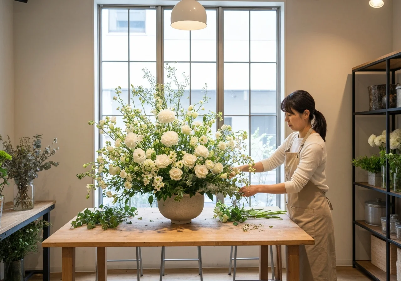 商品撮影用の白い台に並べた小瓶の花と植物のディスプレイ
