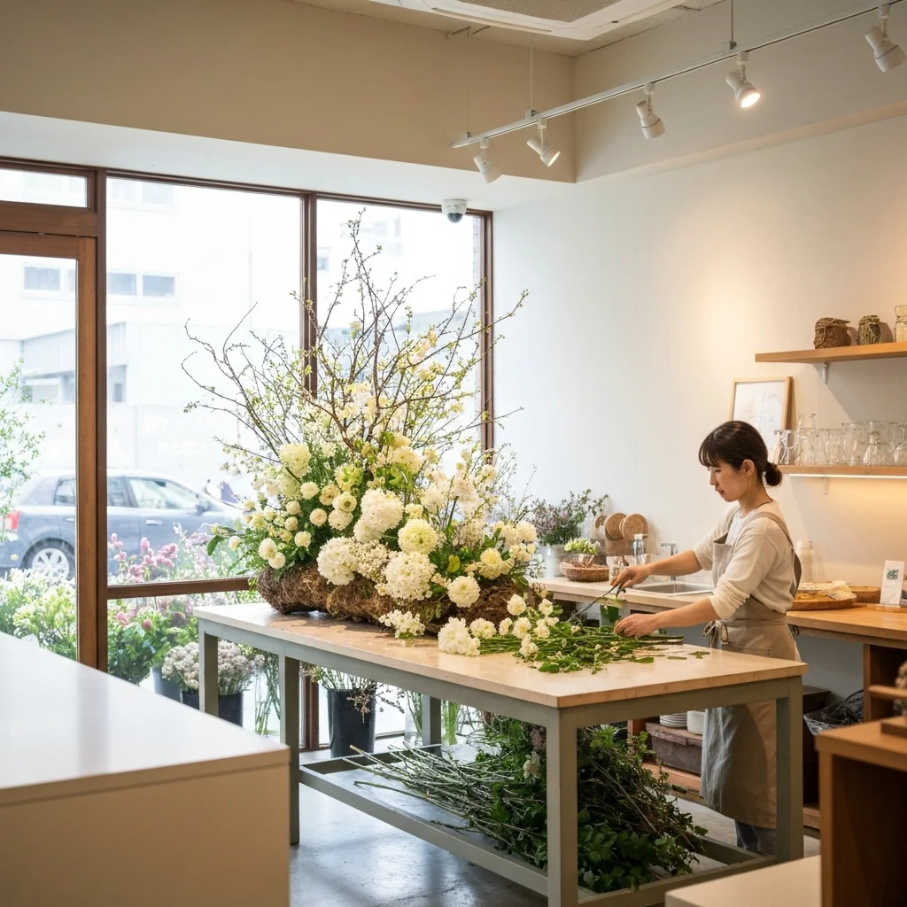 ガラス花器に活けた白い花と枝ものの店舗ディスプレイ