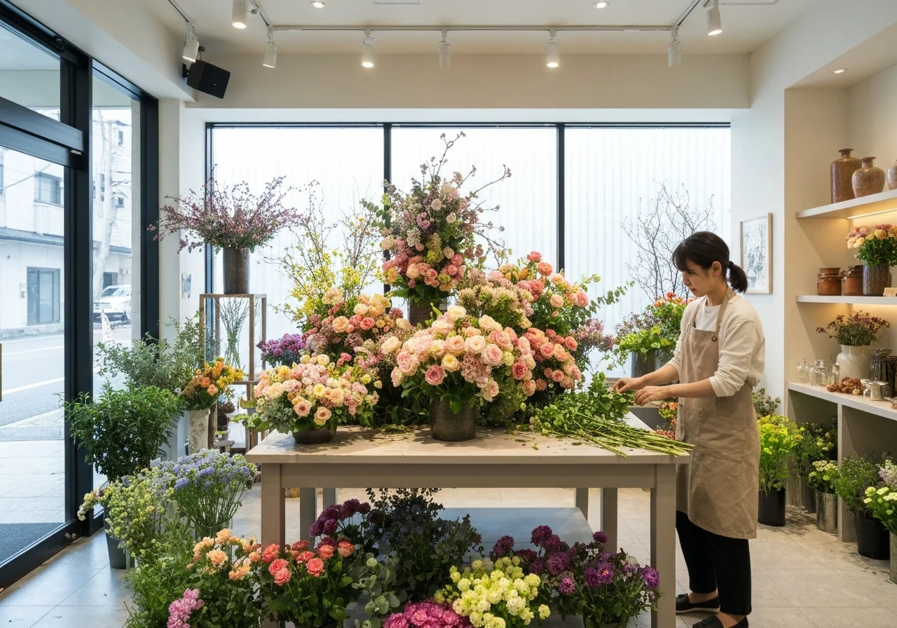 長いテーブルに並ぶ季節の花とキャンドルを使ったイベント装花
