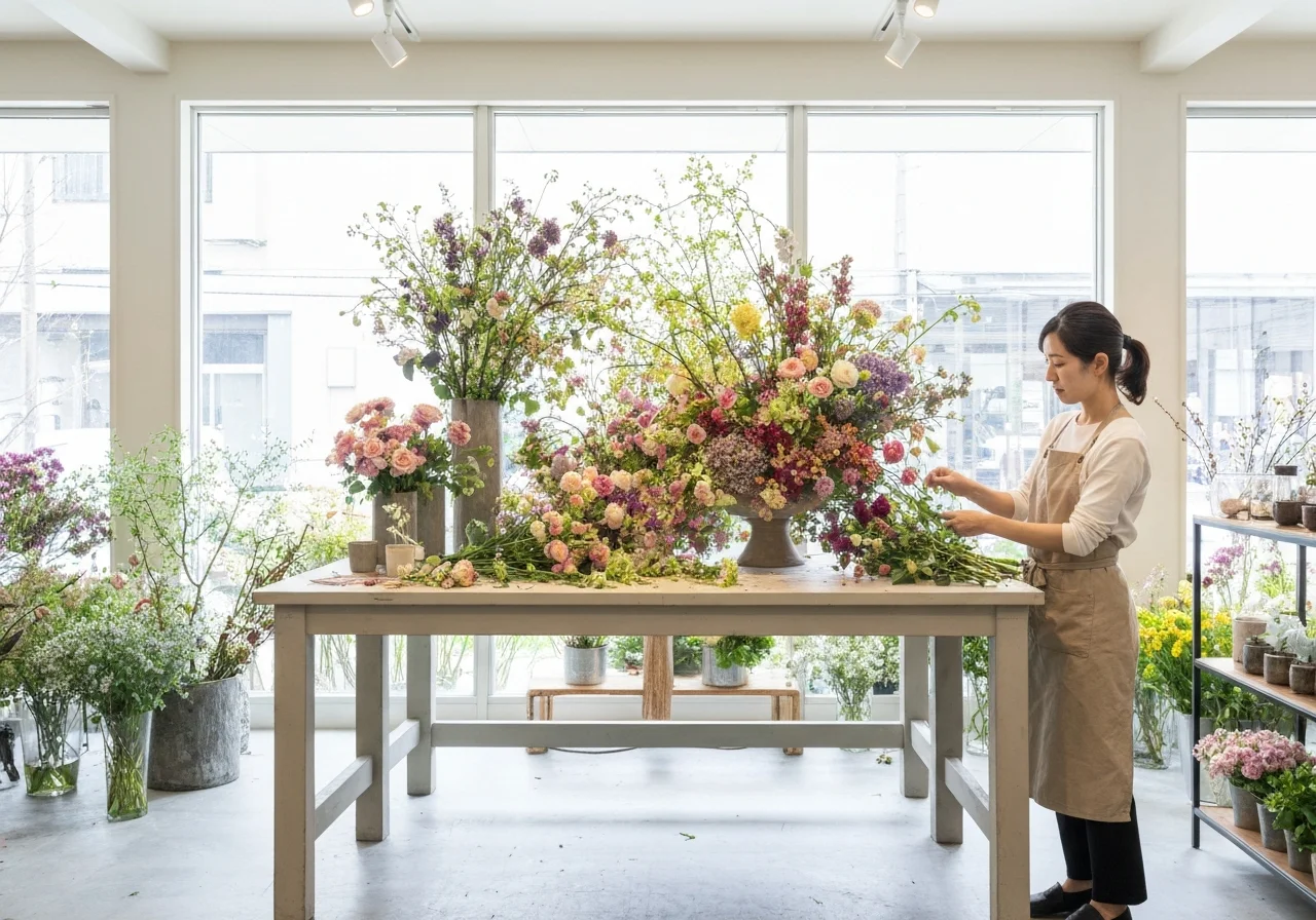 淡い色の花を束ねたリボン付きのフラワーギフト