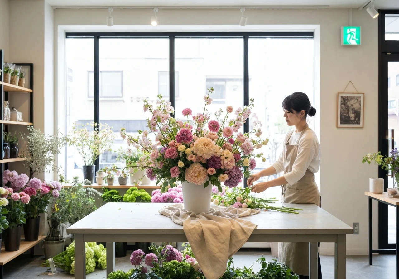 商品撮影のテーブルに置かれた小花と植物のディスプレイ